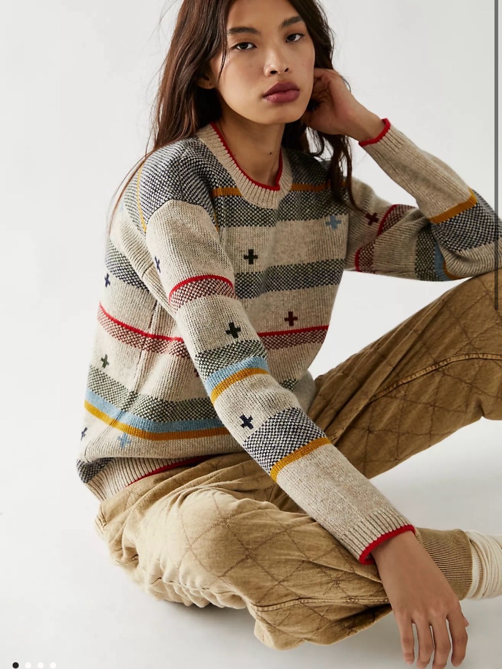 Pendleton Free People Beige Crewneck Sweater with Red Trim and Multi-Stripes